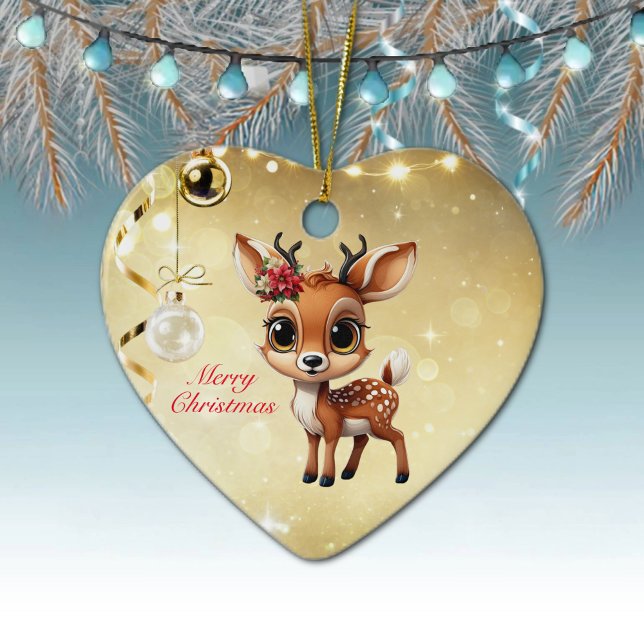 Baby Deer, Fawn, Doe, Rentier 🦌 🎄 frohe Weihnach Keramik Ornament (Baby Deer, Floral Fawn, Cute Doe Poinsettia Flower Merry Christmas Gold Heart Ceramic Ornament 🦌🎄)