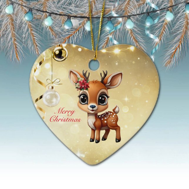 Baby Deer, Fawn, Doe, Rentier 🦌 🎄 frohe Weihnach Keramik Ornament (Reindeer, Floral Fawn, Cute Doe Poinsettia Flower Merry Christmas Gold Heart Ceramic Ornament 🦌🎄)