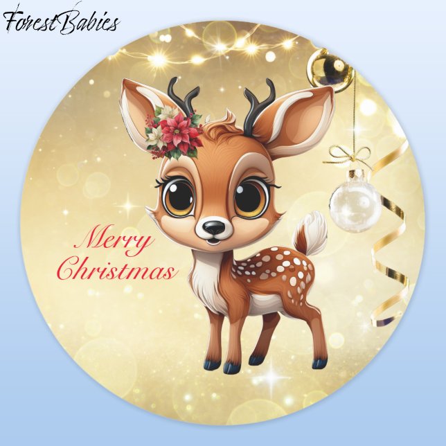 Baby Deer, Fawn, Doe, Rentier 🦌 🎄 frohe Weihnach Runder Aufkleber (ForestBabies Floral Baby Deer, Fawn, Doe, Reindeer Antler Lover, Gold Festive Sticker 🦌🎄)