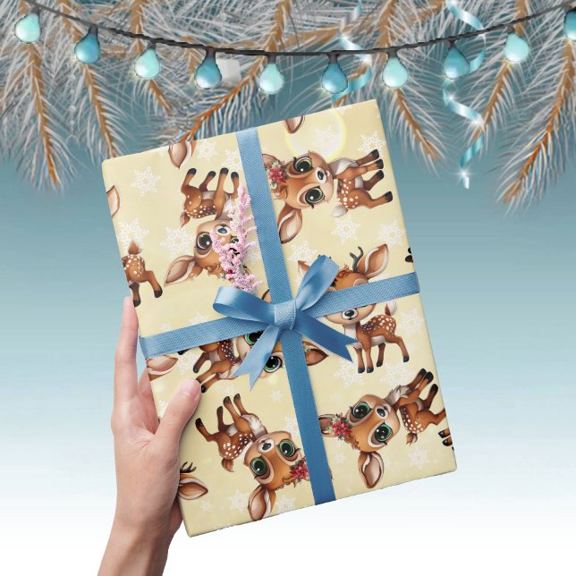 Baby Deer, Fawn, Doe, Rentier 🦌 Gold, Schneeflock Geschenkpapier (Cute Baby Floral Deer, Fawn, Doe Lover Reindeer Antlers Snowflake Pattern Gold Wrapping Paper 🦌 🎄)