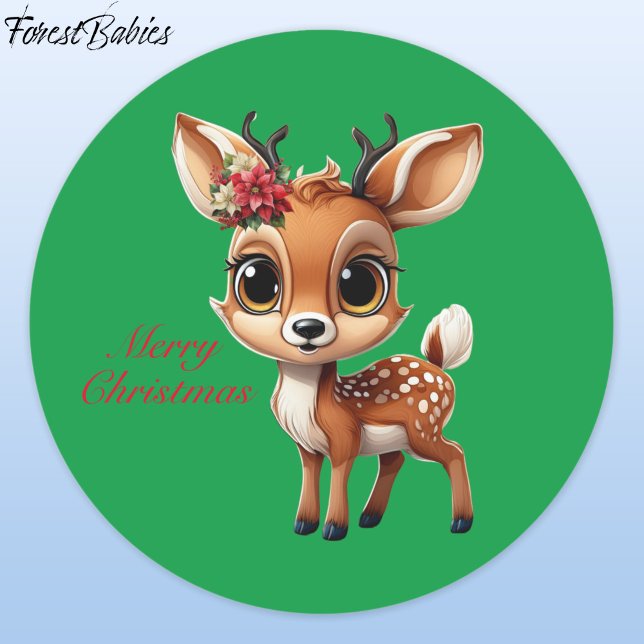 Baby Deer, Fawn, Doe, Rentier 🦌 🎄 Grünen Weihnac Runder Aufkleber (ForestBabies Floral Baby Deer, Fawn, Doe, Reindeer Antler Lover, Green Festive Xmas Sticker 🦌🎄)