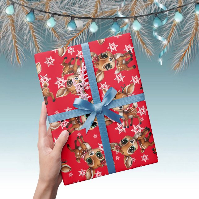 Baby Deer, Fawn, Doe, Rentier 🦌 Rot, Schneeflocke Geschenkpapier (Cute Baby Floral Deer, Fawn, Doe Lover Reindeer Antlers Snowflake Pattern Red Wrapping Paper 🦌 🎄)