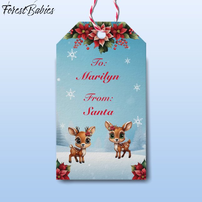 Baby Deer, Fawn, Doe, Rentier 🦌 🎄 Schnee Geschenkanhänger (Floral Baby Deer, Fawn , Doe Lover, Reindeer Antlers, Festive Winter Wonderland Snow Gift Tag 🦌🎄)