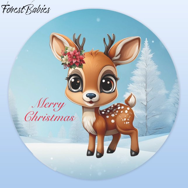 Baby Deer, Fawn, Doe, Rentier 🦌 🎄 Schnee Runder Aufkleber (Floral Baby Deer, Fawn, Doe  Lover🦌Flower Reindeer Antlers Merry Christmas🎄Blue/Snow Round Sticker)