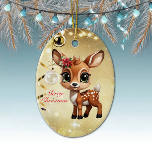Baby Deer, Fawn, 🦌 Gold Frohe Weihnachten 🎄 Keramik Ornament