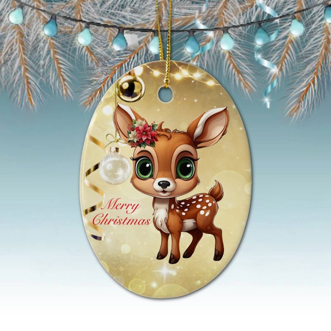 Baby Deer, Fawn, 🦌 Gold Frohe Weihnachten 🎄 Keramik Ornament (Fun deer Character Woodland Wildlife Fawn, Floral Doe Christmas Festive Gold Oval Xmas Ornament 🦌🎄)