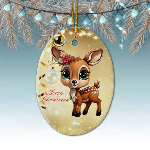 Baby Deer, Fawn, 🦌 Gold Frohe Weihnachten 🎄 Keramik Ornament