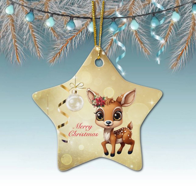 Baby Deer, Fawn, 🦌 Gold Frohe Weihnachten 🎄 Keramik Ornament (Wildlife Deer Decor Xmas Fawn, Fun Holiday Doe Cute Animal Merry Christmas 
Gold Star Ornament 🦌🎄)