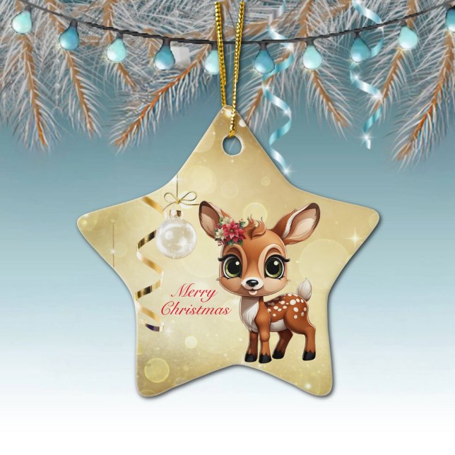 Baby Deer, Fawn, 🦌 Gold Frohe Weihnachten 🎄 Keramik Ornament (Wildlife Deer Decor Xmas Fawn, Fun Holiday Doe Cute Animal Merry Christmas 
Gold Star Ornament 🦌🎄)