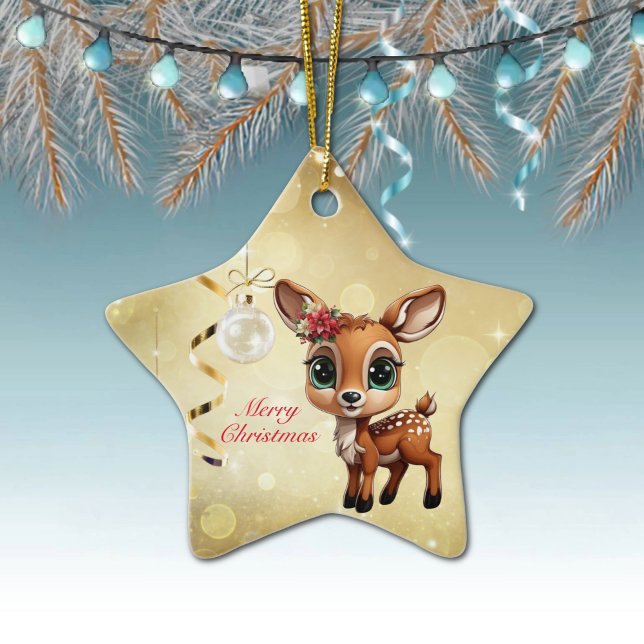 Baby Deer, Fawn, 🦌 Gold Frohe Weihnachten 🎄 Keramik Ornament (Customizable Reindeer Decor Xmas Fawn Holiday Doe Animal Merry Christmas 
Gold Star Ornament 🦌🎄)
