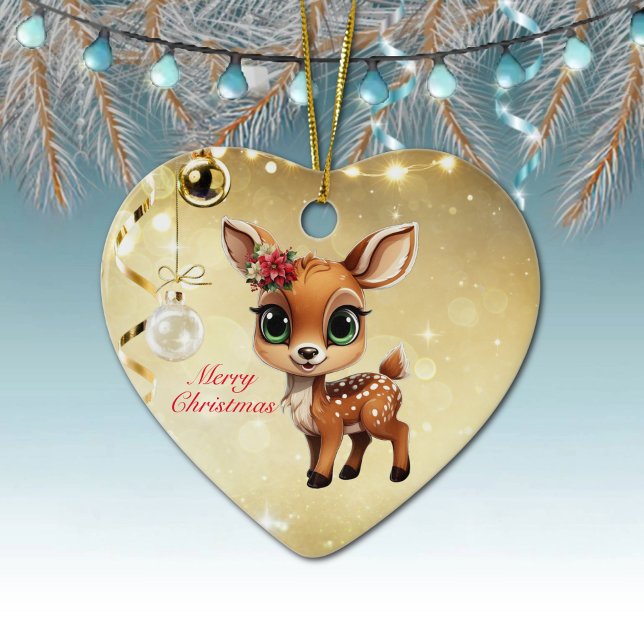 Baby Deer, Fawn, 🦌 Gold Frohe Weihnachten 🎄 Keramik Ornament (Baby Deer, Floral Fawn, Cute Doe Poinsettia Flower Merry Christmas Gold Heart Ceramic Ornament 🦌🎄)