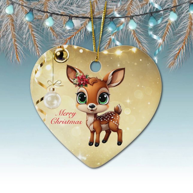 Baby Deer, Fawn, 🦌 Gold Frohe Weihnachten 🎄 Keramik Ornament (Baby Deer, Floral Fawn, Cute Doe Poinsettia Flower Merry Christmas Gold Heart Ceramic Ornament 🦌🎄)