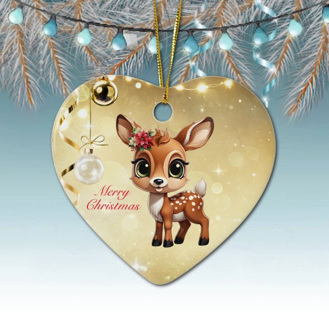 Baby Deer, Fawn, 🦌 Gold Frohe Weihnachten 🎄 Keramik Ornament (Baby Deer, Floral Fawn, Cute Doe Poinsettia Flower Merry Christmas Gold Heart Ceramic Ornament 🦌🎄)