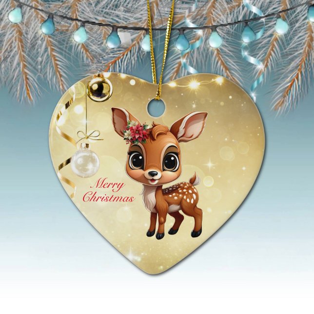 Baby Deer, Fawn, 🦌 Gold Frohe Weihnachten 🎄 Keramik Ornament (Baby Deer, Floral Fawn, Cute Doe Poinsettia Flower Merry Christmas Gold Heart Ceramic Ornament 🦌🎄)