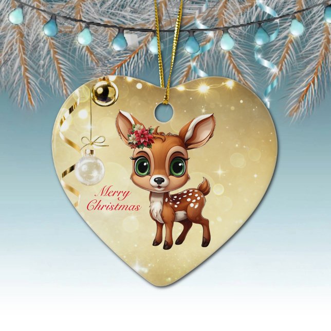 Baby Deer, Fawn, 🦌 Gold Frohe Weihnachten 🎄 Keramik Ornament (Baby Deer, Floral Fawn, Cute Doe Poinsettia Flower Merry Christmas Gold Heart Ceramic Ornament 🦌🎄)