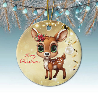 Baby Deer, Fawn, 🦌 Gold Frohe Weihnachten 🎄 Keramik Ornament