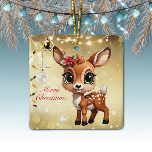Baby Deer, Fawn, 🦌 Gold Frohe Weihnachten 🎄 Keramikornament (Baby Deer, Floral Fawn, Doe Poinsettia Customizable Merry Christmas Gold Square Ceramic Ornament🦌🎄)