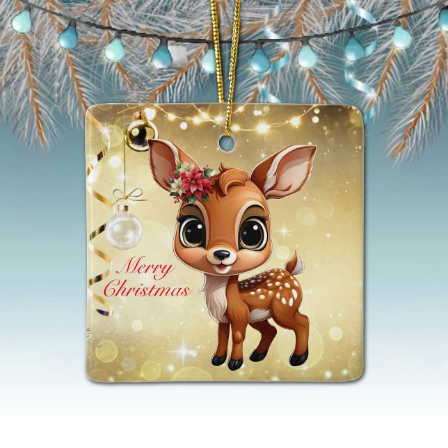 Baby Deer, Fawn, 🦌 Gold Frohe Weihnachten 🎄 Keramikornament (Baby Deer, Floral Fawn, Doe Poinsettia Customizable Merry Christmas Gold Square Ceramic Ornament🦌🎄)