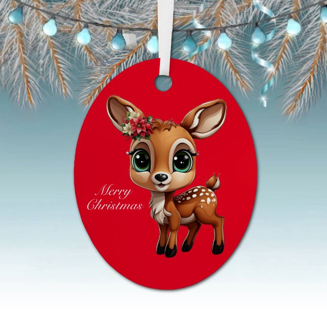 Baby Deer, Fawn, 🦌 Niedlich frohe Weihnachten 🎄 Ornament Aus Metall (Baby Deer, Fawn, Doe 🦌Poinsettia ForestBabies Merry Christmas 🎄Red Oval Metal Ornament)