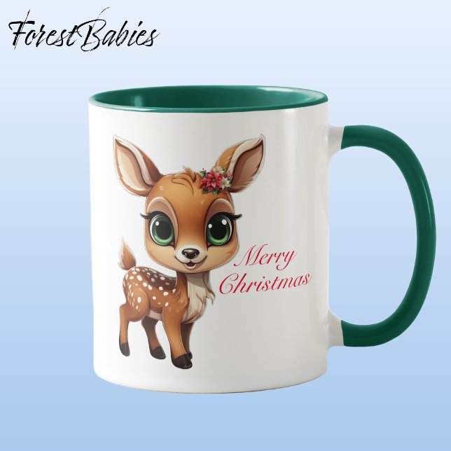 Baby Deer, Fawn, 🦌 Niedlich frohe Weihnachten 🎄 Tasse (Baby Deer, Fawn, Doe 🦌 Poinsettia ForestBabies Merry Christmas 🎄 Mug - Front)