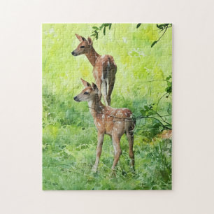 Baby Deer Fawn Twins in Nature Wasserfarbe Kunst Puzzle