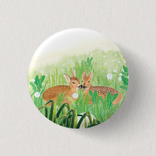 Baby Deer - Fawns in Tall Grass Illustration Button
