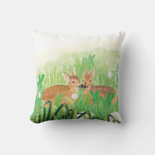 Baby Deer - Fawns in Tall Grass Illustration Kissen