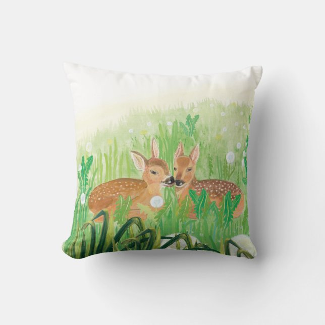 Baby Deer - Fawns in Tall Grass Illustration Kissen (Vorderseite)