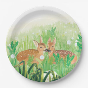 Baby Deer - Fawns in Tall Grass Illustration Pappteller