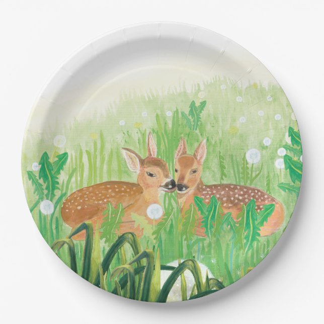 Baby Deer - Fawns in Tall Grass Illustration Pappteller (Vorderseite)