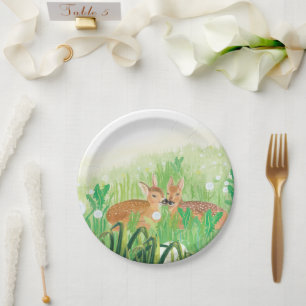 Baby Deer - Fawns in Tall Grass Illustration Pappteller