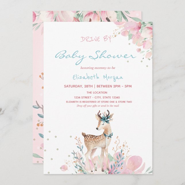 Baby Deer Floral Drive by Baby Dusche Einladung (Vorne/Hinten)