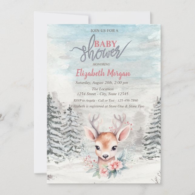 Baby Deer Flower Forest Snow Baby Shower   Einladung (Vorderseite)