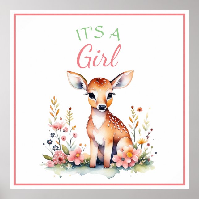 Baby Deer in Blume | Es ist eine Mädchen-Babydusch Poster (Vorne)