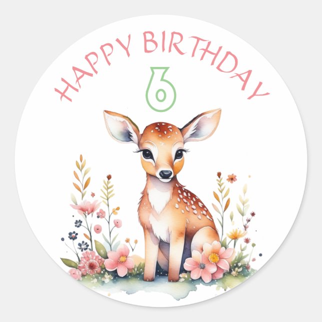 Baby Deer in Blume Girl's Birthday Party Runder Aufkleber (Vorderseite)