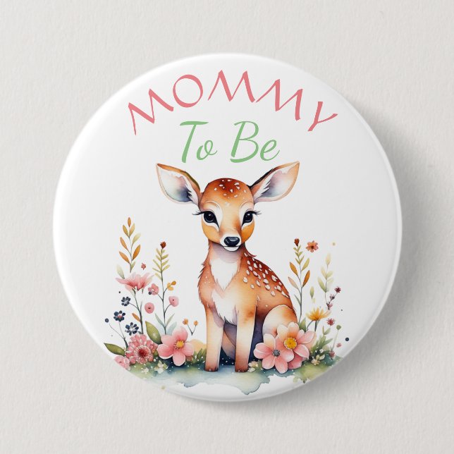 Baby Deer in Blume | Mama zur Babydusche Button (Vorderseite)