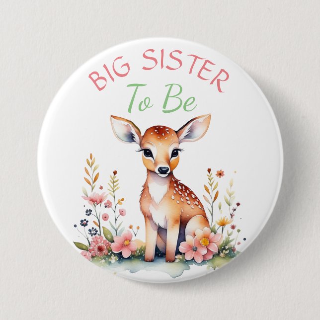 Baby Deer in Blume | Schwester zur Babydusche Button (Vorderseite)