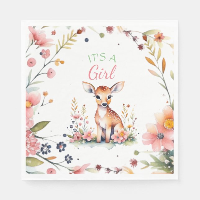 Baby Deer in Flowers | It's a Girl Baby Shower Serviette (Vorderseite)