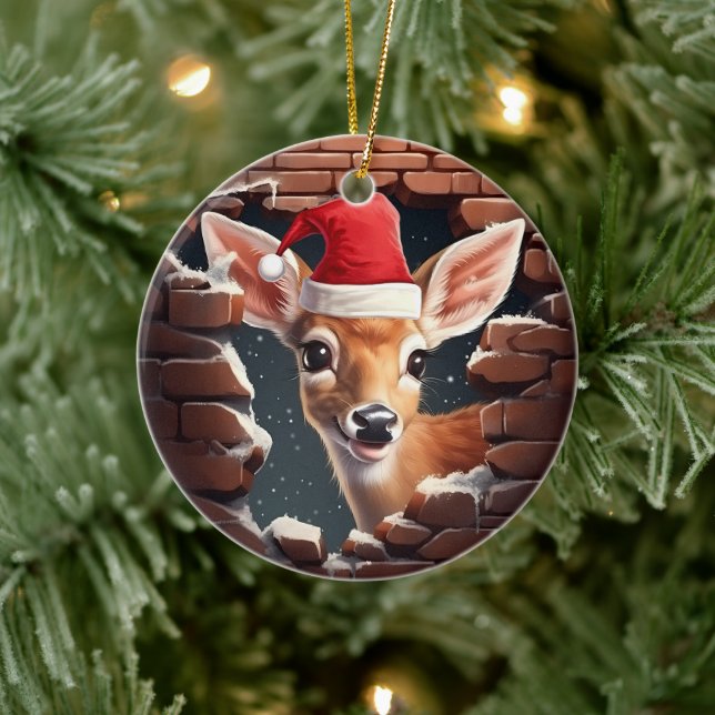 Baby Deer in Weihnachtsmannmütze Keramik Ornament (Baum)
