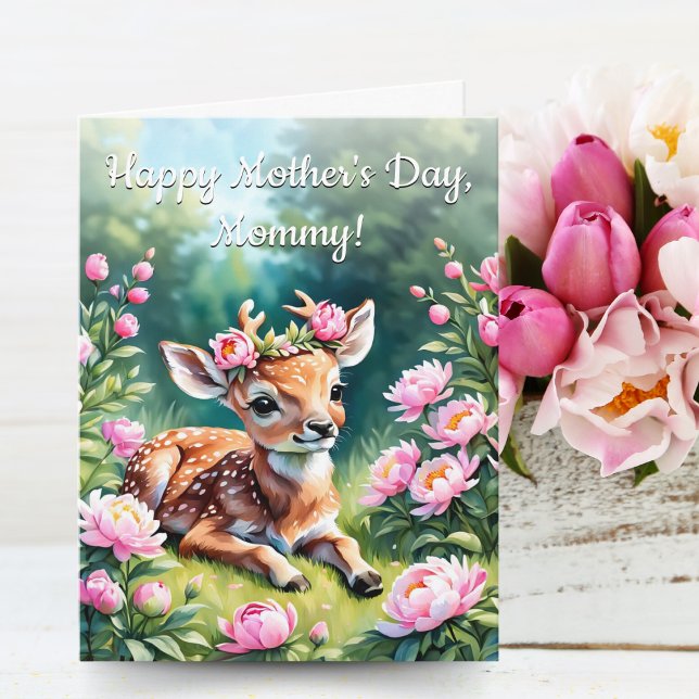 Baby Deer mit Peonies Mommy Mother Day Karte (A sweet Mommy, Mother's Day card for children who love baby deer!)