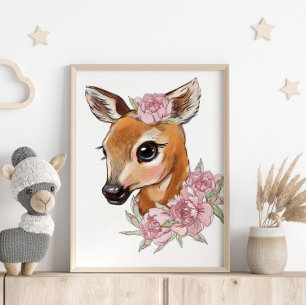 Baby Deer Rose Animal Poster   Wall Print