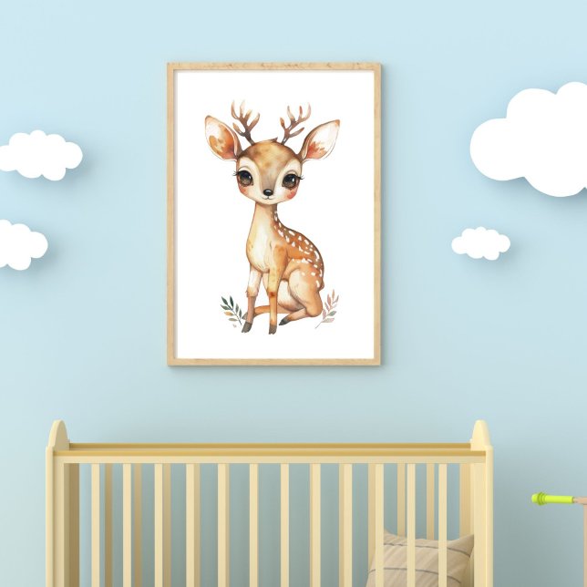 Baby Deer Watercolor Kinderzimmer Print digital Poster (Baby Deer Woodland Animal Baby Nursery Print. Digital Download or Printed from Zazzle. up to 30x40 )
