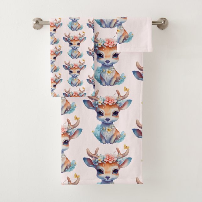 Baby Deer with Antlers and Blume Pattern Badhandtuch Set (Insitu)