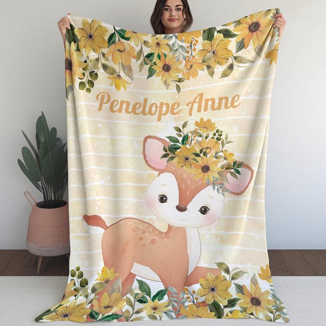 Baby Deh mit Sonnenblumen Fleece Blanket mit Namen (Baby Deer with Sunflowers Fleece Blanket with Name (L))