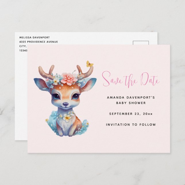 Baby Dei mit Antlern und Blume Save the Date Einladungspostkarte (Vorne/Hinten)
