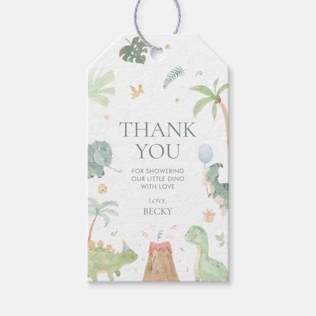 Baby Dino Baby Shower Gastgeschenk Geschenktasten Geschenkanhänger (Vorderseite)