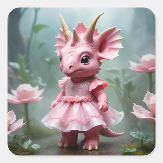 Baby Dino in einem rosa Kleid Quadratischer Aufkleber (Vorderseite)