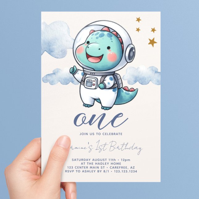 Baby Dinosaur Astronauten Junge 1. Geburtstag Einladung (Von Creator hochgeladen)