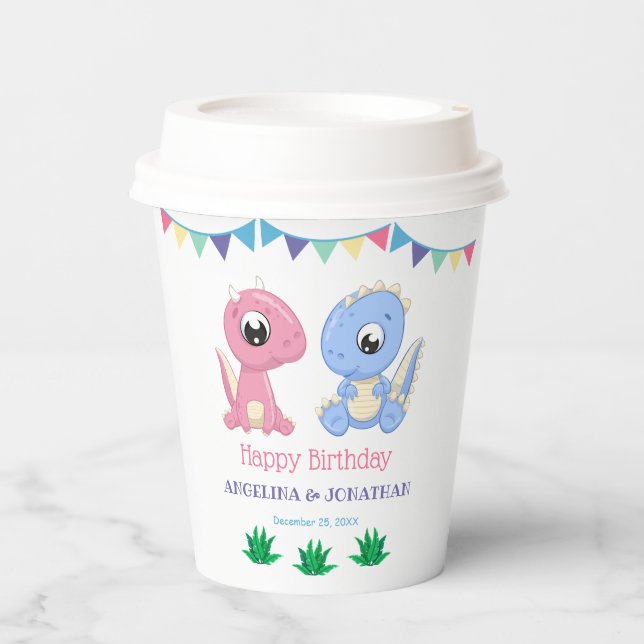 Baby Dinosaurier Boy and Girl Joint Geburtstag Pappbecher (Vorderseite)