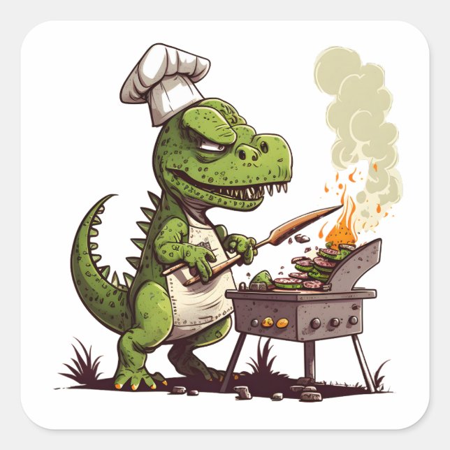 Baby Dinosaurier mit Koch-Grillfleisch Quadratischer Aufkleber (Vorderseite)